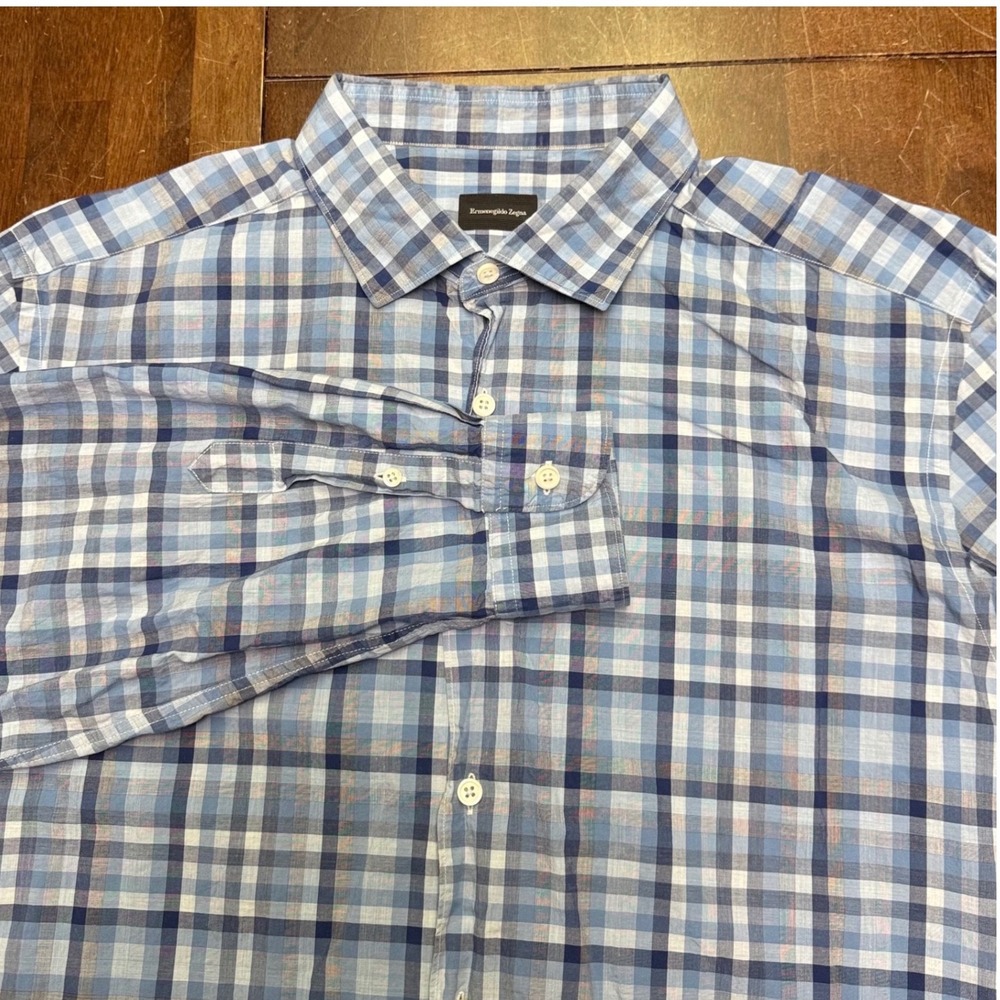 Ermenegildo Zegna Button Down Shirt Mens XXL Blue Plaid Long Sleeve Cotton OCBD